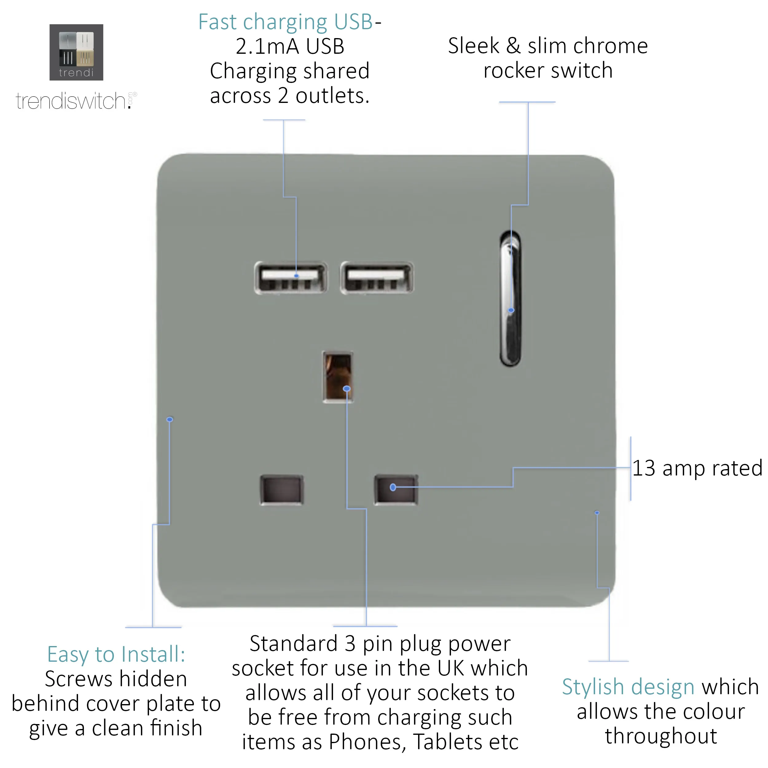 1 Gang 13Amp Switched Single Socket With 2 x USB Silver ART-SKT13USBSI  Trendi Platinum Silver